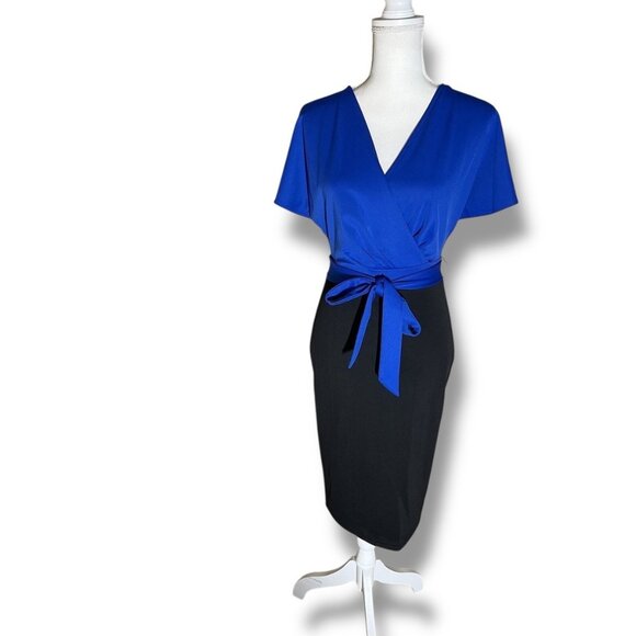 Blue Colorblock Bodycon Pencil Dress w/Tie Size 3XL 22 24 Plus Office Classy - Picture 3 of 7